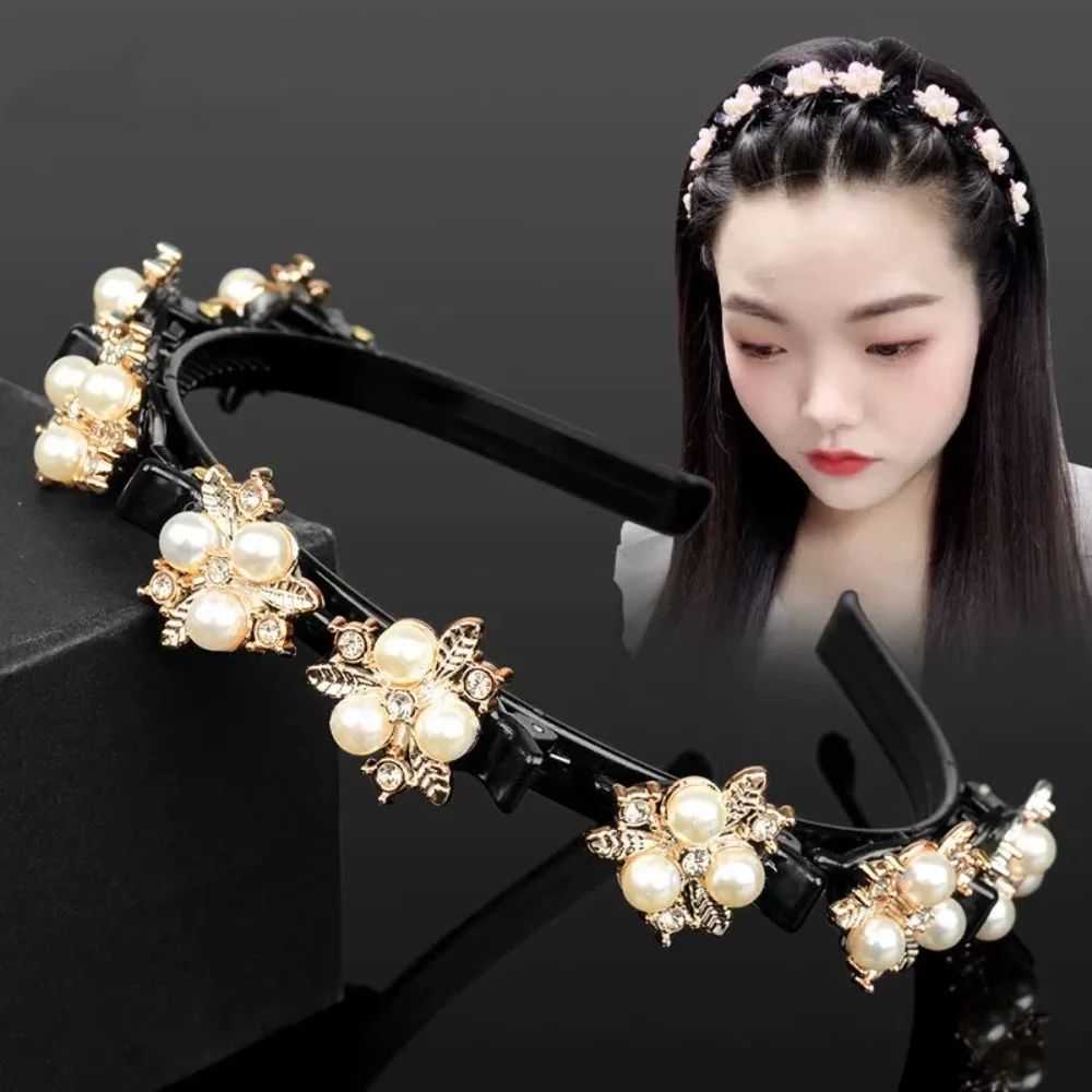 

Rhinestone Lazy Girls Hair Braider Hair Hoops Pearl Flower Braided Tools Hairband Elegant Headwear Hair Toothed Headband