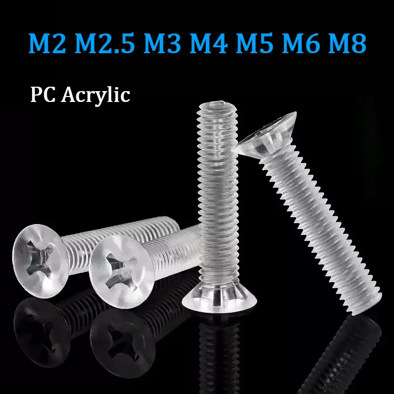 Clear PC Acrylic Phillips Countersunk Head Screws M2 M2.5 M3 M4 M5 M6 M8 Transparent Plastic Insulated Flat Head Screw 10-50Pcs