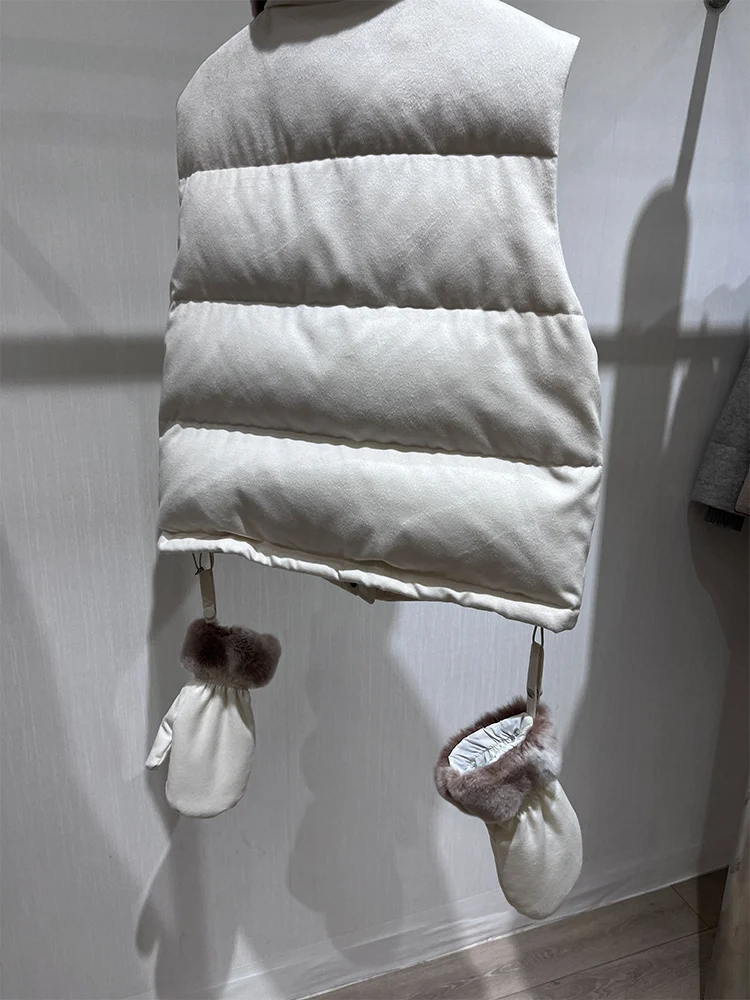 Women Winter Cashmere Wool Sleeveles Vest Rex Rabbit Fur Collar Goose Down Waistcoat Jacket Thick Female Outwear Puffer Coat