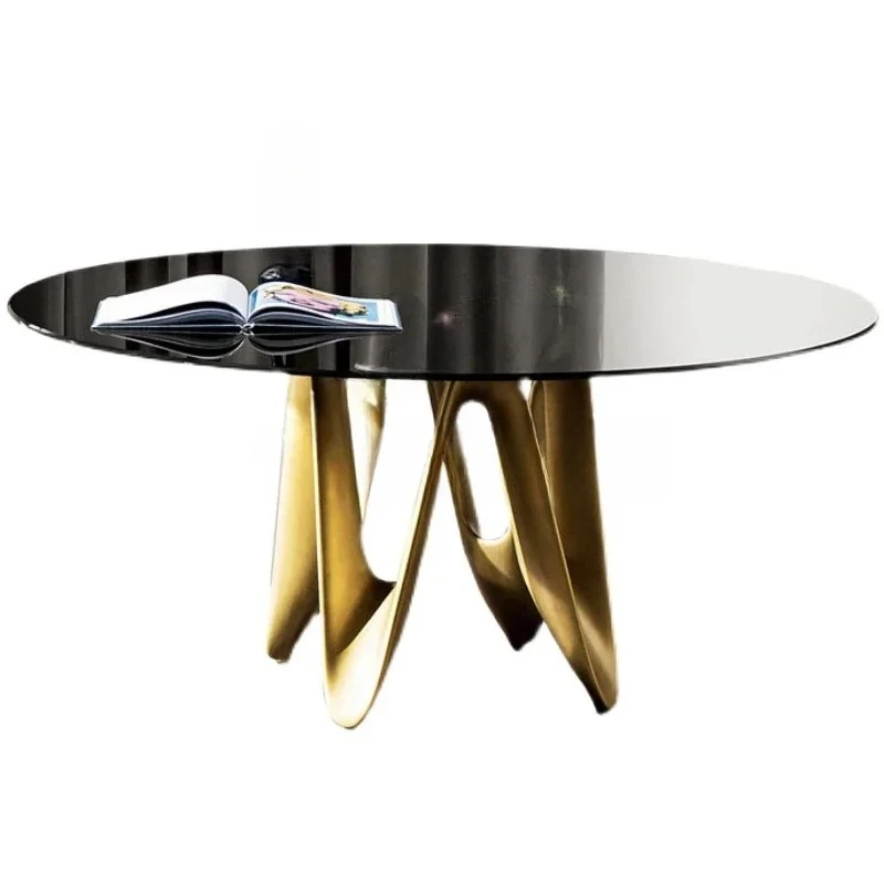 طاولة طعام زجاجية بسيطة من خشب الجوز الأسود، غرفة معيشة حديثة، طاولة طعام فنية مستديرة بسيطة #5