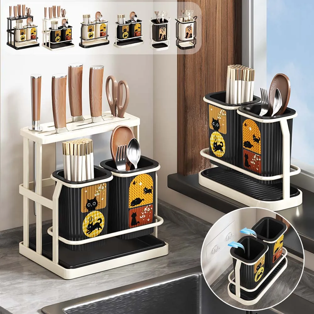 

Kitchen Cutlery Holder Spoon Fork Chopstick Arbon Steel Storage Rack with Draining Tray Wall Mounted Utensils Organizer for Home