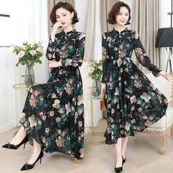 Autumn Attire Mom's Costume Chiffon Lotus Collar Long Printed Dress 2024 New Female Fashion Chiffon Floral Long Sleeved Dresses