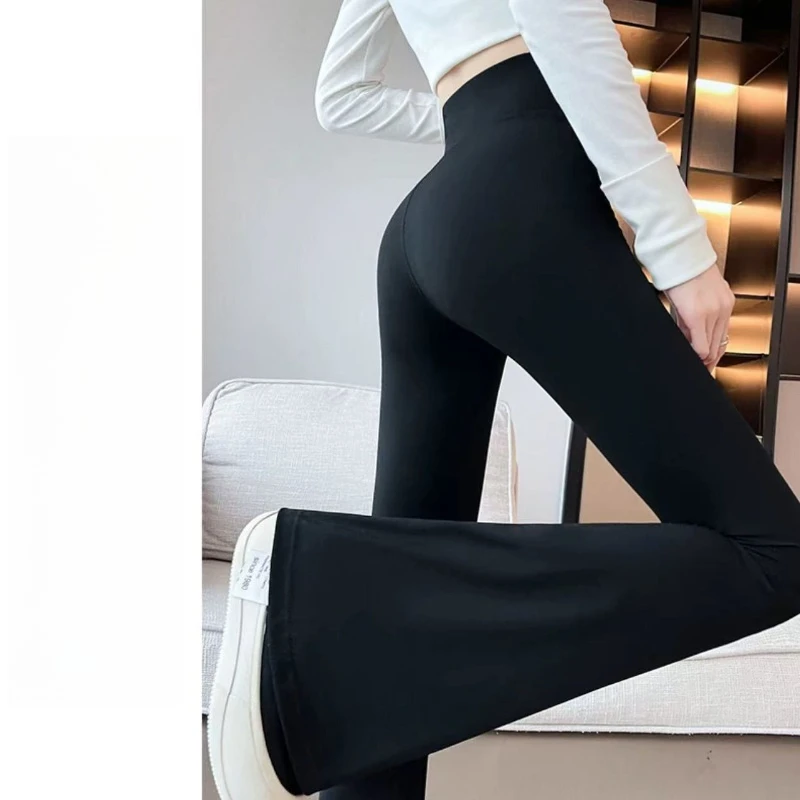 Women's Fleece-lined Leggings High-waist Stretch Winter Windproof Bell-bottoms Black Thickened Slim Sports Yoga Cycling Pants - view 5