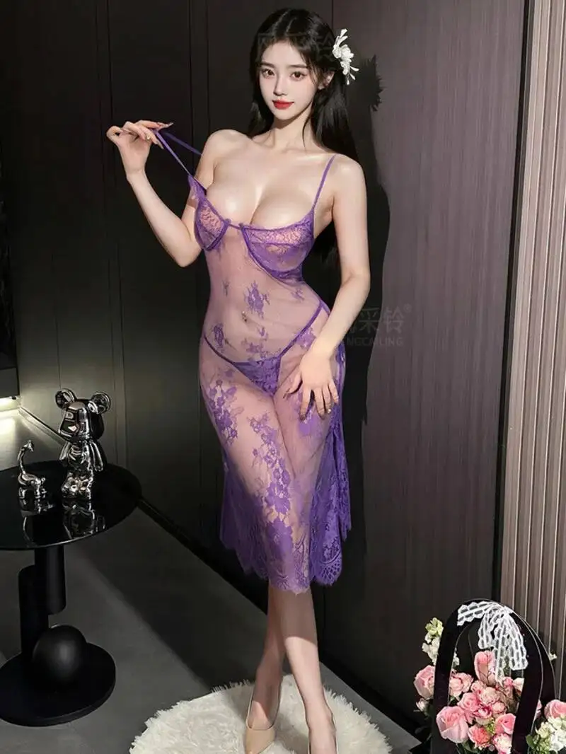 Sexy Strap Nightdress Lace Pattern Erotic Mesh Lace Nightclub Queen Dress Elegant Mesh Lace Sheer Sweet Women Dresses 2025 OPJ8