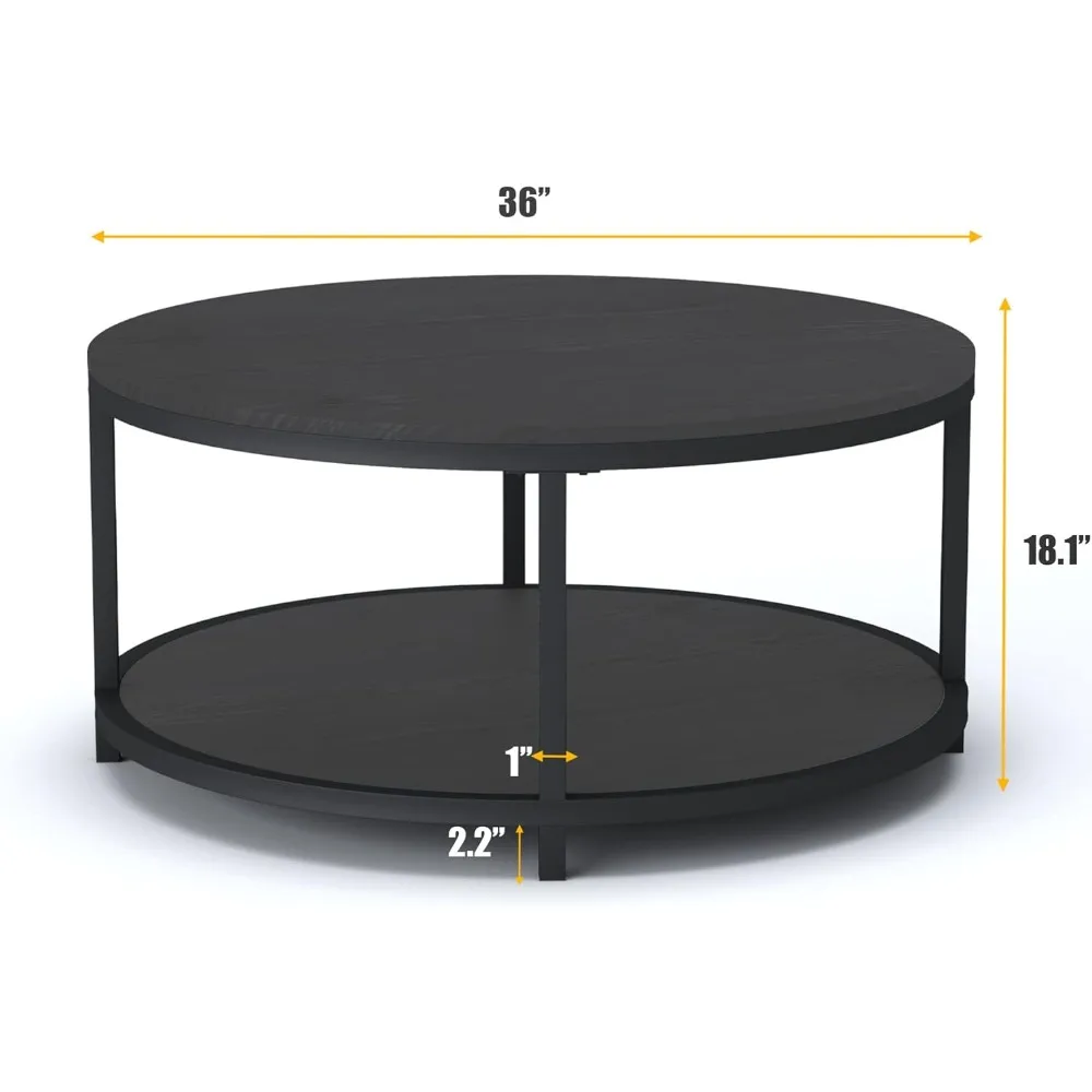 Round Coffee Table, 36" Rustic Wooden Surface Top & Sturdy Metal Legs Industrial Sofa Table for Living Room Modern Design Home