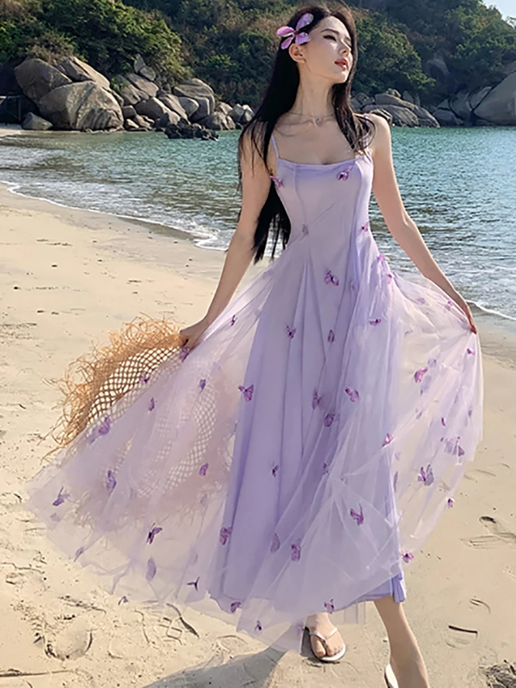 Women Purple Mesh Chic Bow Casaul Sling Long Dress Summer Elegant Bodycon Holiday Dress 2026 Korean Luxury Festival Party Dress
