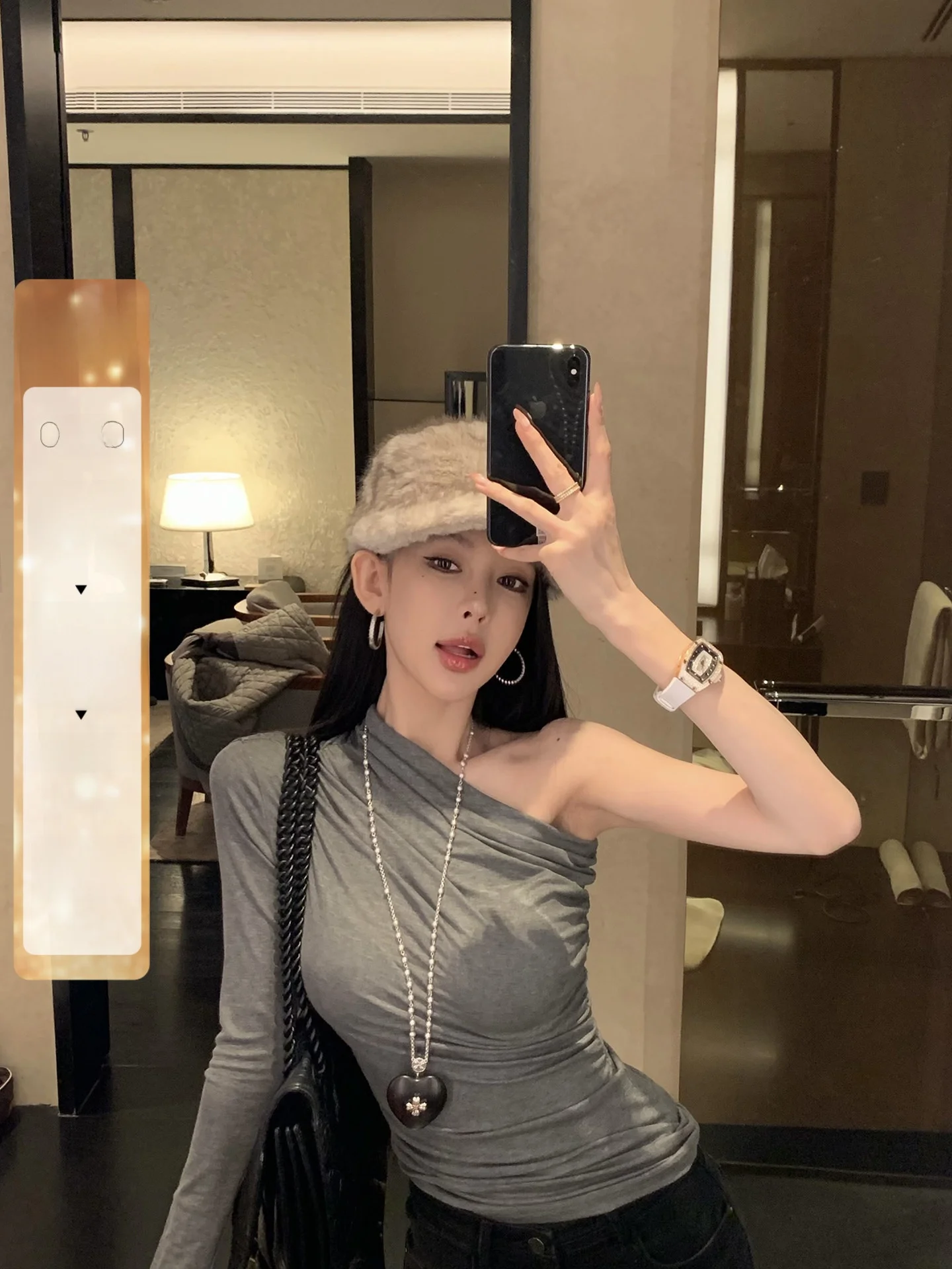 

Fashionable Asymmetrical Shoulder Bared Acetate Blend Rayon Ladies Top City Walk Casual Style Long Sleeve Soft Comfortable