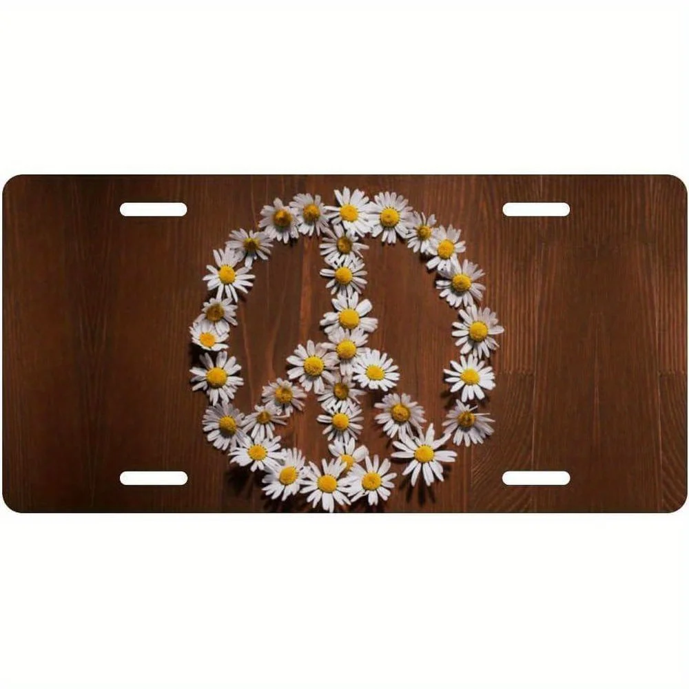 2D peace sign and sunflower decorative metal license plate universal type, only for decoration, only for decoration