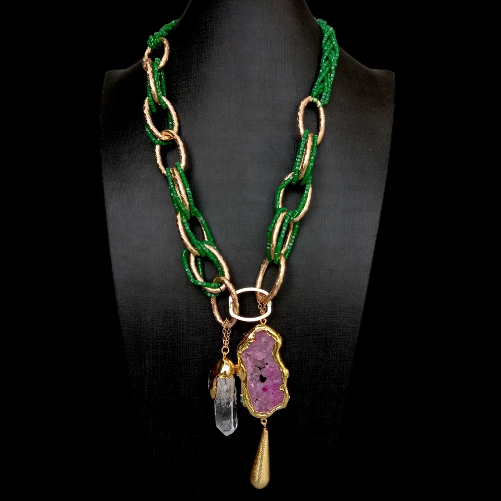 

Green Crystal Loop Chain Necklace Fuchsia Agate Slice White Quartz Biwa Pearl Point Pendant 24"