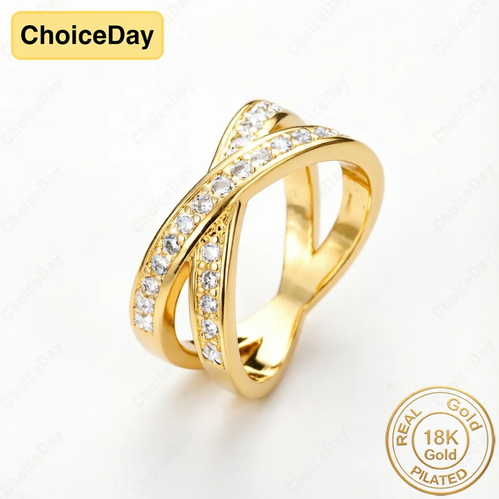 Bañado en Oro de 18K # Anillo Delicado con 8 Circonitas Cruzadas para Mujer, Accesorio de Joyería para Regalo de Fiesta de Compromiso