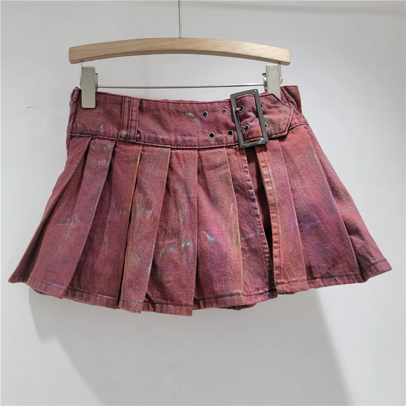 GALCAUR Hit Color Pieghe impiombate Eleganti gonne da cowboy per le donne Minigonna a pieghe divisa a vita alta Abbigliamento moda femminile Nuovo