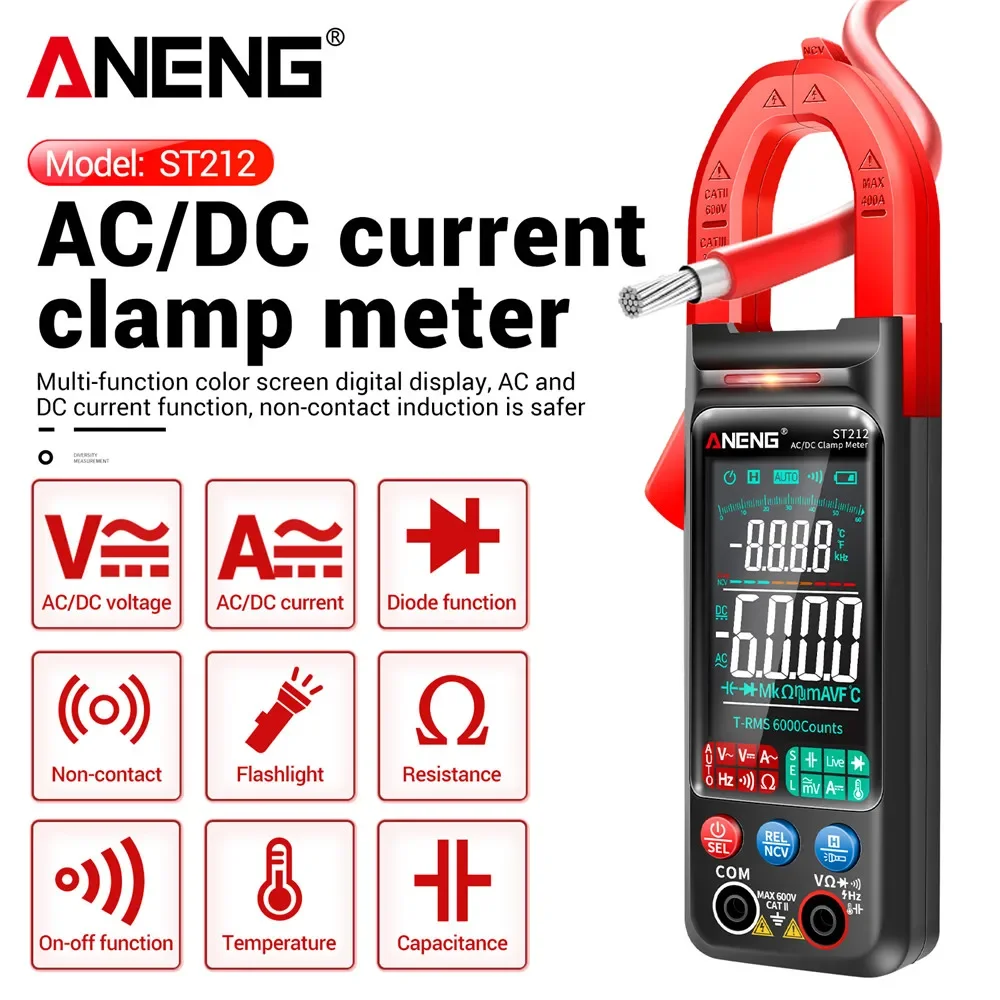 ANENG ST212 Digital Clamp Meter 6000 Counts DC/AC Current 400A Amp Multimeter Large Color Screen Voltage Tester Car Hz NCV Ohm