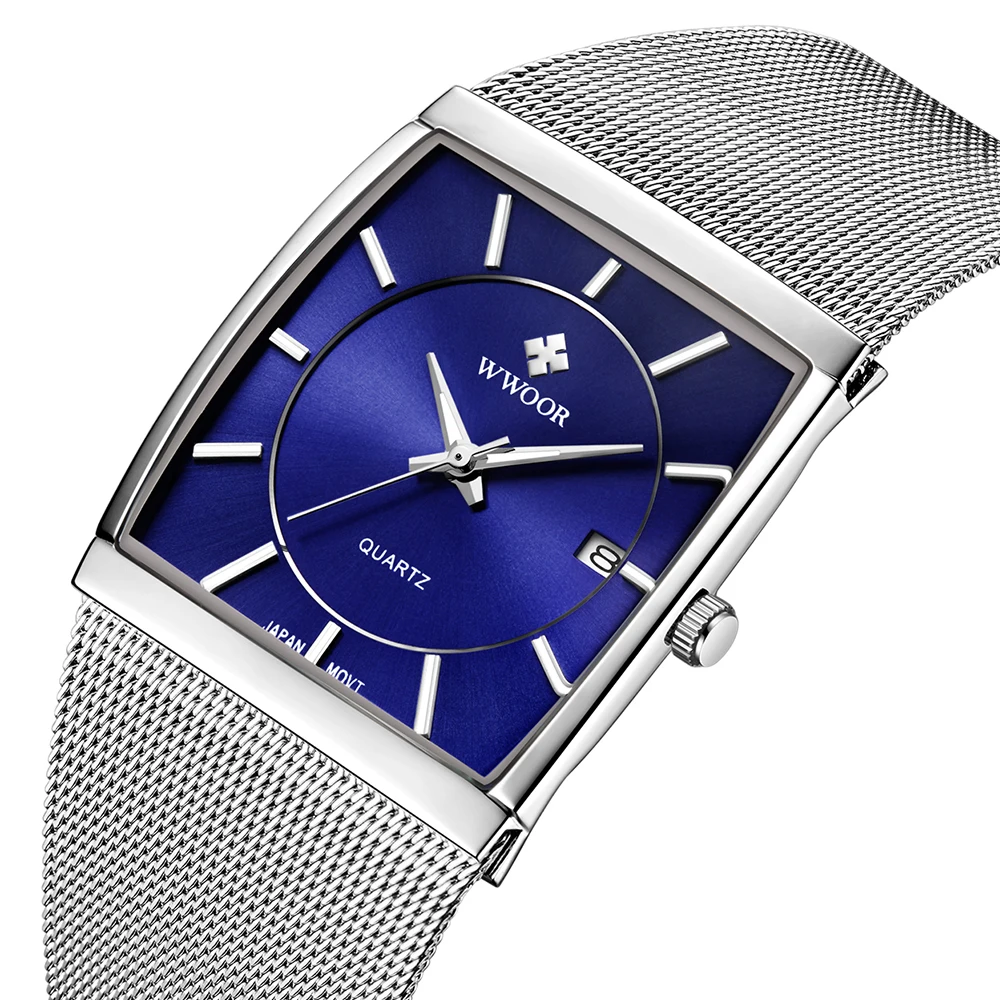 WWOOR 2025 Fashion Sqaure Ultra Thin Mens Watches Top Brand Luxury Japan Quartz Movement Waterproof Date Wristwatch Reloj Hombre