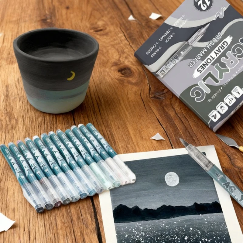 

12color Acrylic Marker Set Gray Series Waterproof Stackable Color DIY Painting Graffiti Glass Canvas Plastic Stone Wood Ceramics