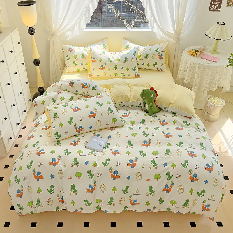 Cartoon Dinosaur Duvet Cover Set Twin King, 4PCS Dino Bedding Set for Boys Girls Toddler, Soft Reversible Yellow Comforter Cover