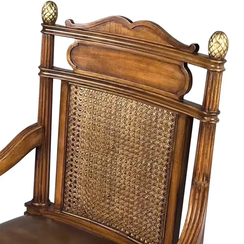 American Country Solid Wood Dining Chair Casual Rattan Armchair Retro Leather Computer Chair Single Book Reading Chair