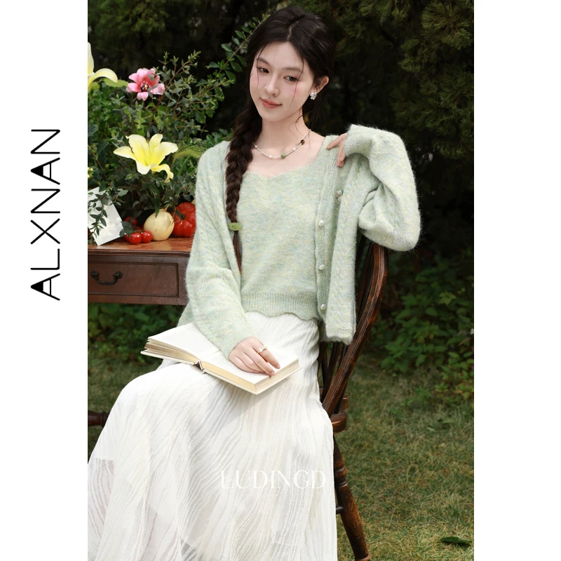 ALXNAN Women's Knitted Tank Tops 2026 Green Sleeveless Sweater Vests Casual Elegant Lace Trim Tank Elegant Ladies Tops L61501BX