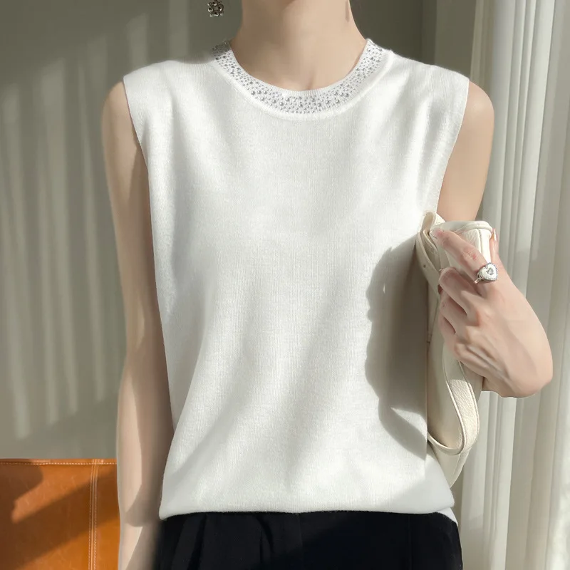 

Spring and summer new worsted wool sweater round neck sleeveless vest bottoming shirt for women