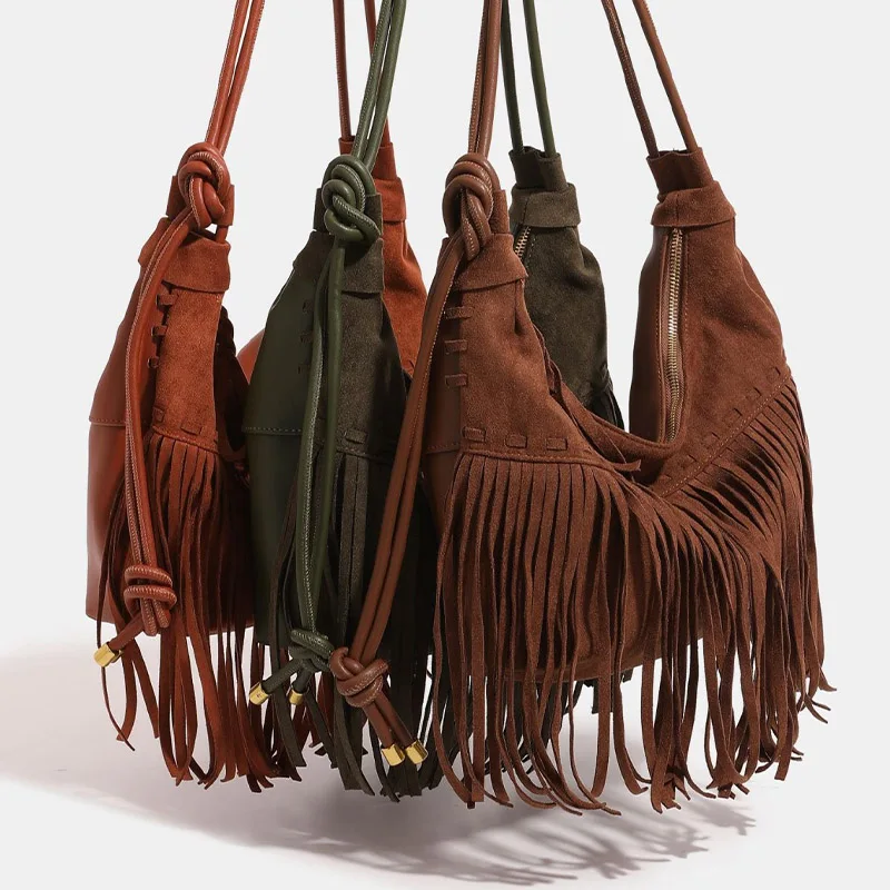 

Fashion new bohemian style tassel armpit bag retro punk style large capacity single shoulder crossbody bag work shopping travel