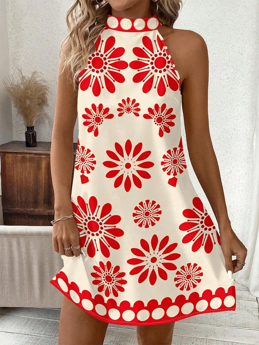 

Red Floral Print Halter Neck Mini Dress for Women, Summer Casual A-Line Dress