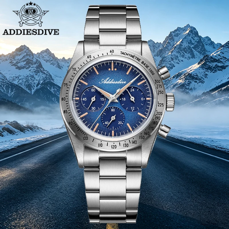 ADDIESDIVE New Men's Chronograph Quartz Watch 37mm Bubble Glass 100m Waterproof Wristwatch C3 Luminous Stainless Steel Watches