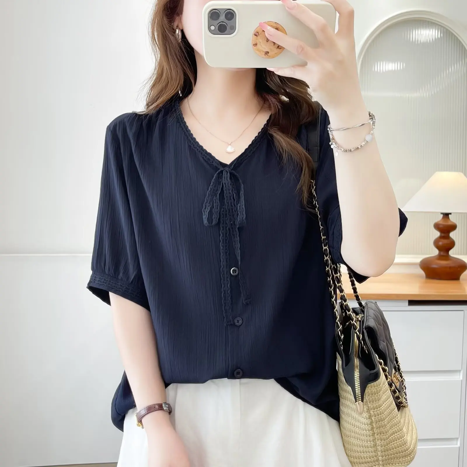 2026 Summer Plus Size Women Shirt Ruffle V Neck Tie Short Sleeve Open Blouse Simple Versatile Fashion Tops For Curvy Ladies 811 view 3