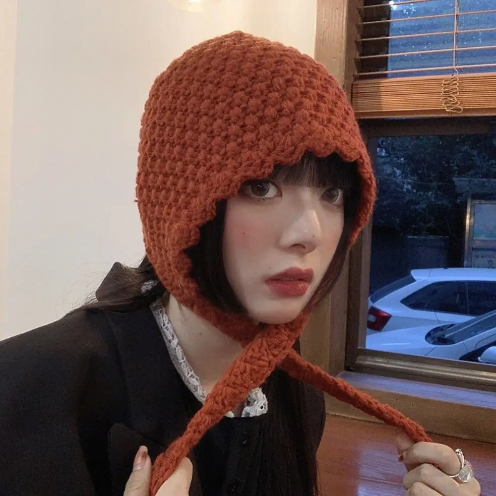 

Winter Beanie Hat New Woolen Cute Bucket Hat Knitting Ear Protection Lacing Knitted Hat Women