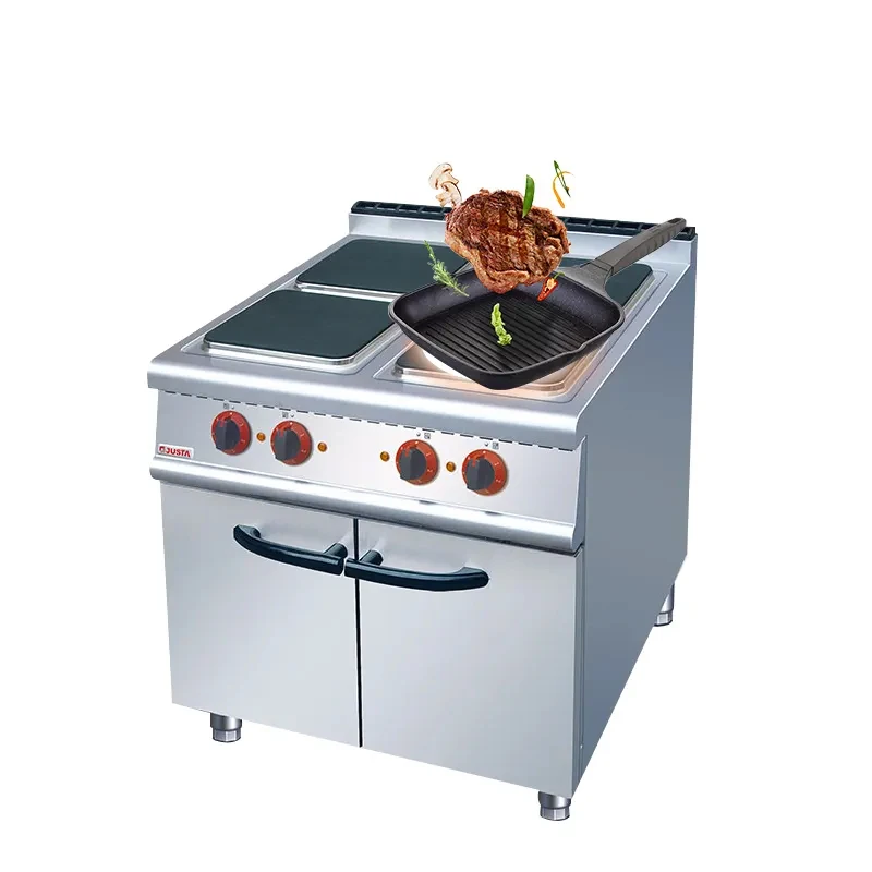 Durable stainless steel electric 4-burner square plate cooking stove with cabinets essential for hotel kitchens