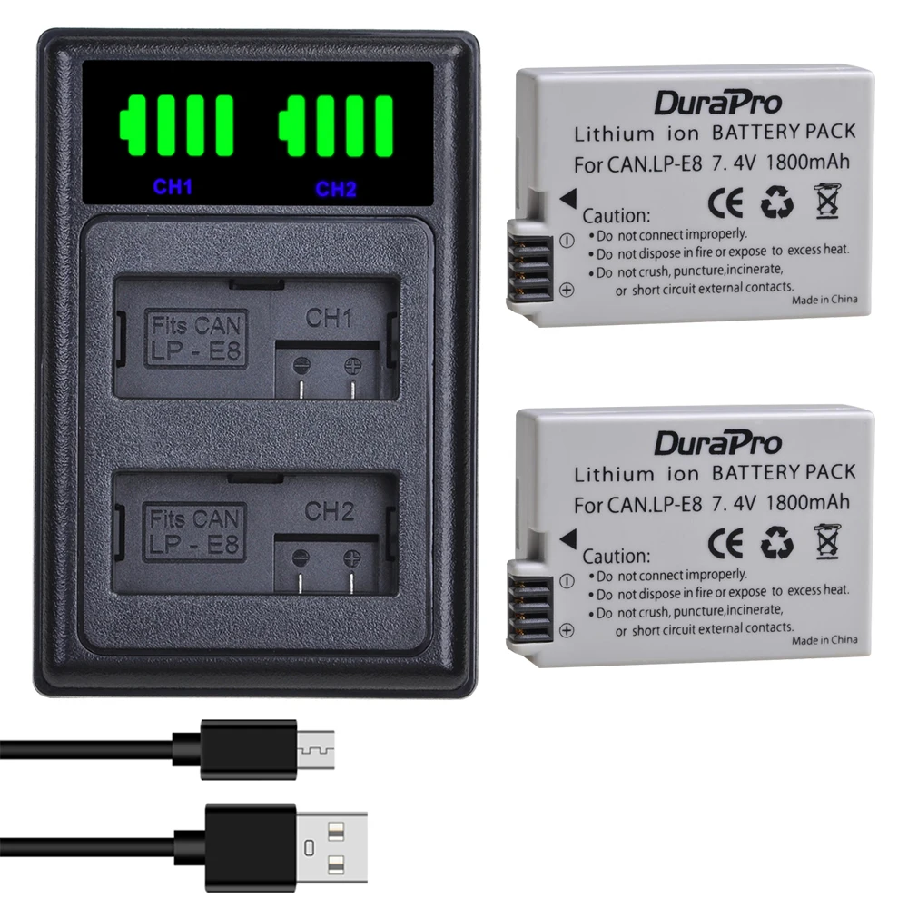 DuraPro 1800mAh LP-E8 LP E8 Battery +New LED Dual Charger with Type C Port For Canon EOS 550D 600D 650D 700D Rebel X4 X5 X6i X7