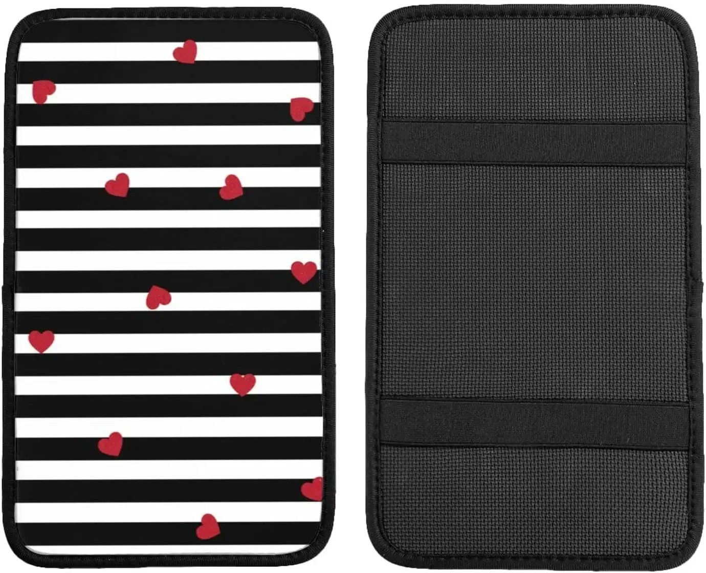 Black White Stripes Red Hearts Car Center Console Armrest Cover Pad, Seat Armrest Box Protector Universal Car Trim, Suit