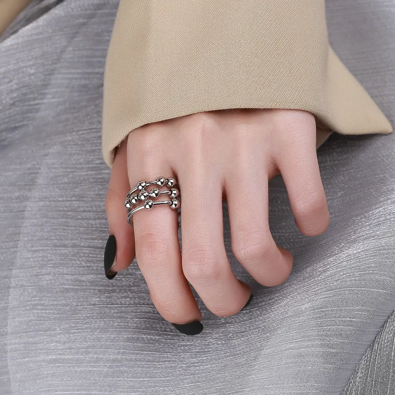 New 2022 Open Adjustable Beads Anxiety Ring for Women Girls Silver Color Geometric Beaded Anti-stress Fidget Ring Bague Femme