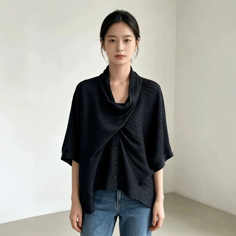 Miyake Pleated 2026 Turn-Down Collar Shirt for Women Spring and Autumn Irregular Batwing Sleeve Loose Top Versatile Cardigan