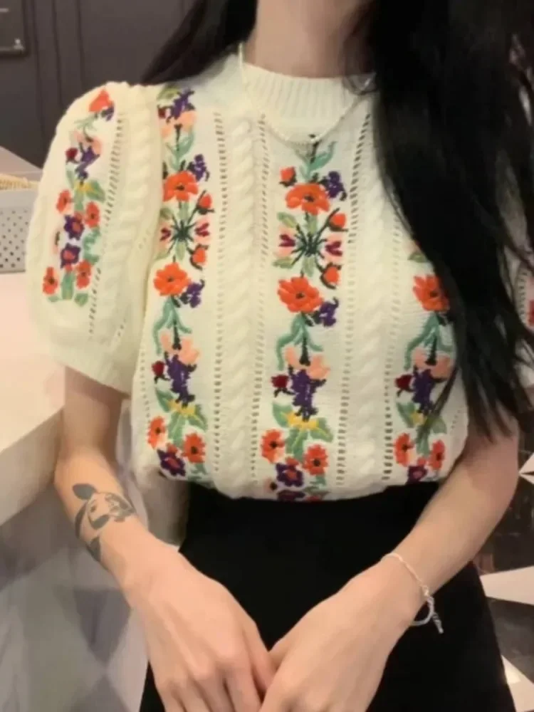 2024 Ropa Mujer Knitted Puff Sleeve Tshirts Women Short Embroidery Flower T Shirt Casual Vintage O Neck Y2k Summer Tees