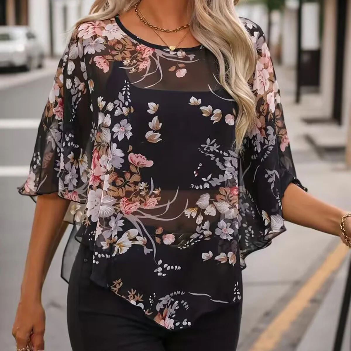 

Sexy Flowers Print Perspective Chiffon Top Summer New Women's Clothing Loose Round Neck Bat Sleeve Irregular Blouse T-shirt