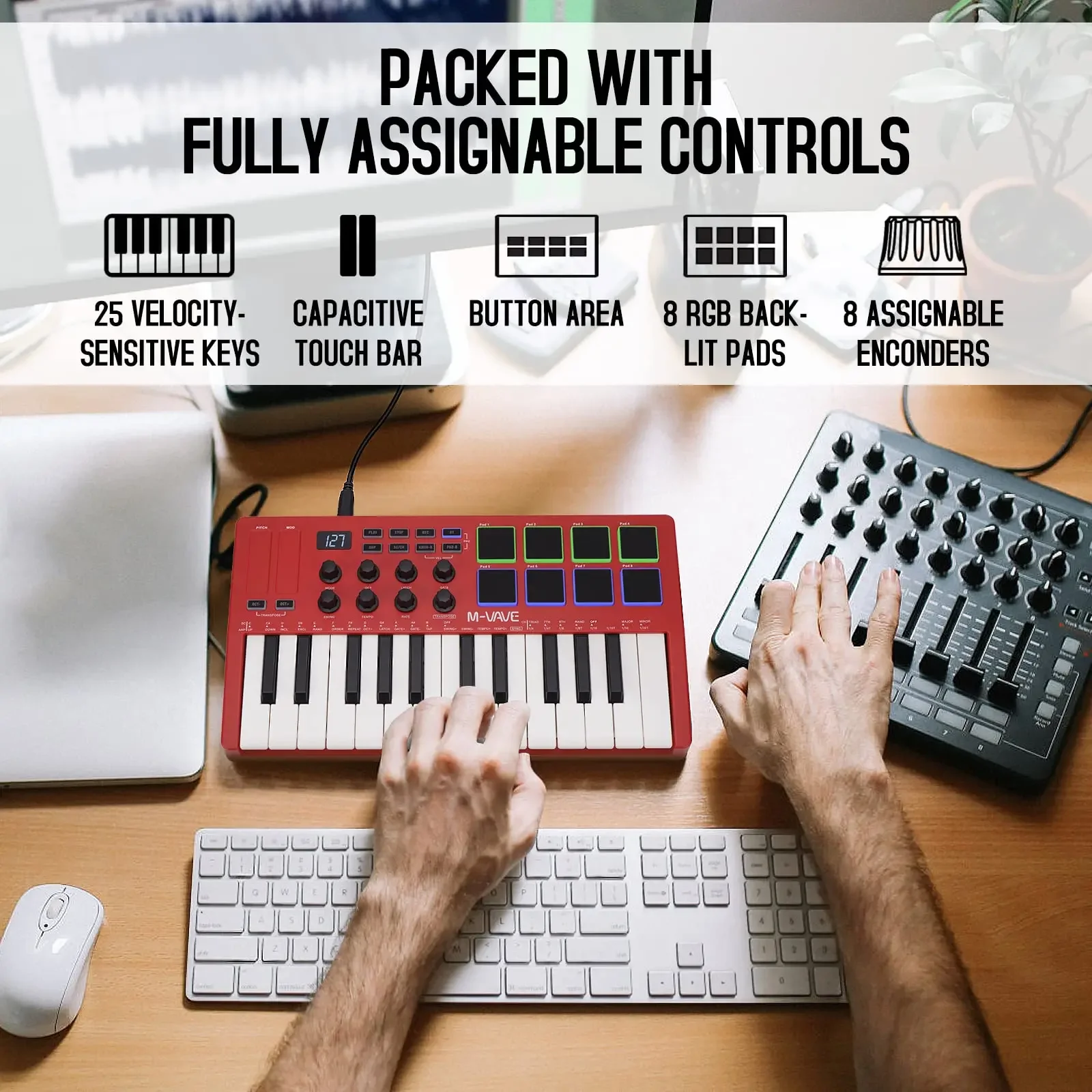 M-VAVE Red 25-Key MIDI Control Keyboard USB Keyboard MIDI Controller Mini With 25 Velocity Sensitive Keys 8 RGB Backlit Pads 8