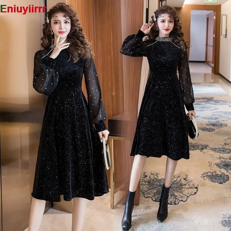 Women 2022 New Year Winter Spring Basic Wear Sexy Sheer Mesh French Black Long Elegant Party Beaded Bling Velvet Dress 5869