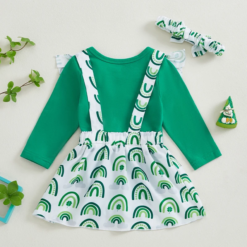 

Baby Girls Irish Day Outfit Long Sleeve Romper and Rainbow Clover Print Suspender Skirt Cute Headband 3 Piece Clothes