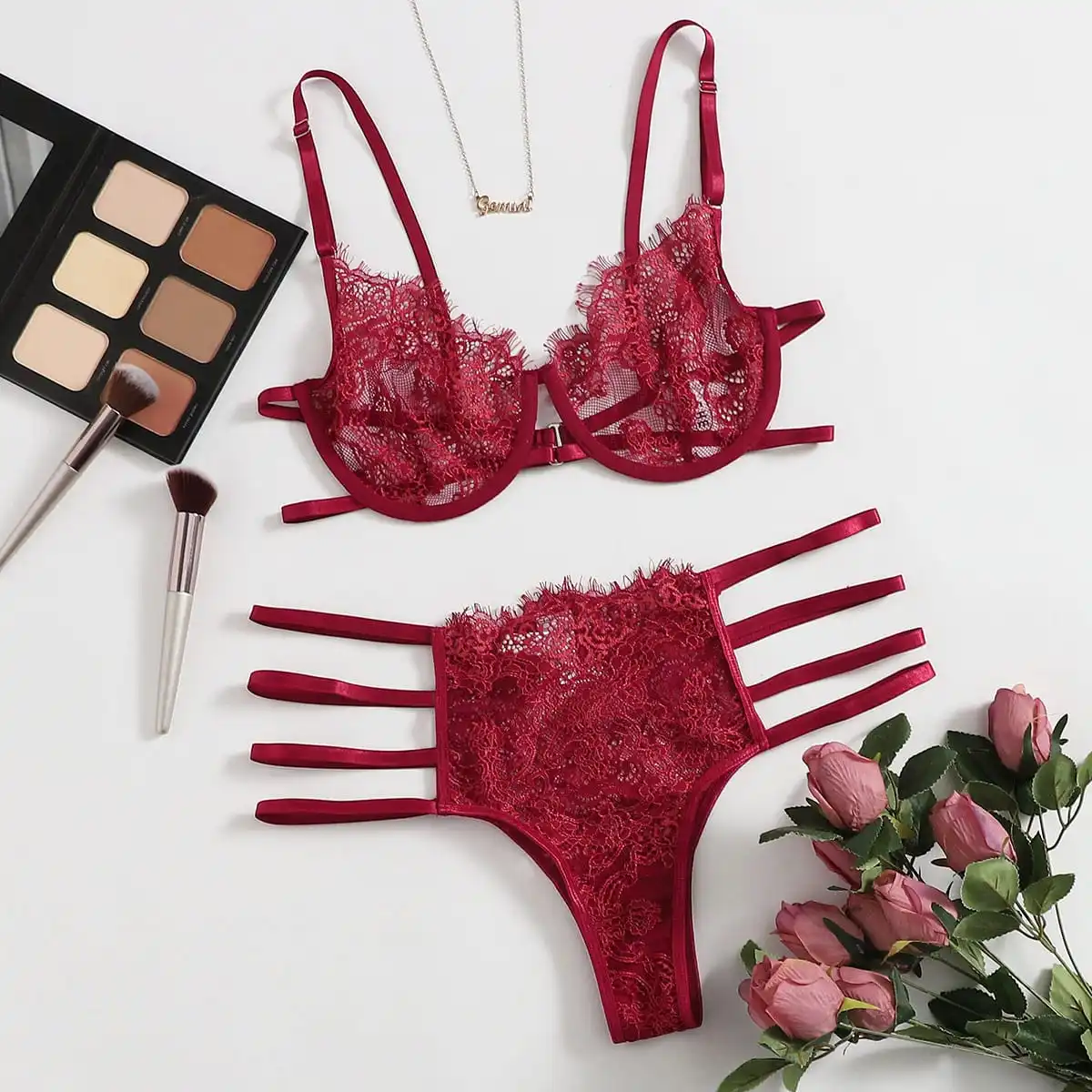 

Sexy Lingerie Plus Size Women's Suit with Slim Straps Triangular Pants Thin Styles Gathered Bra Lace See through Sexy