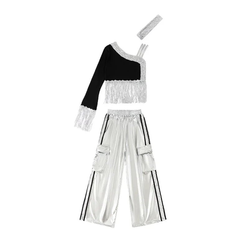 Roupas de dança de rua para meninas, colete curto preto com borla prateada, curto/calça prateada, fantasia de líder de torcida, kpop, hip hop, roupas de palco