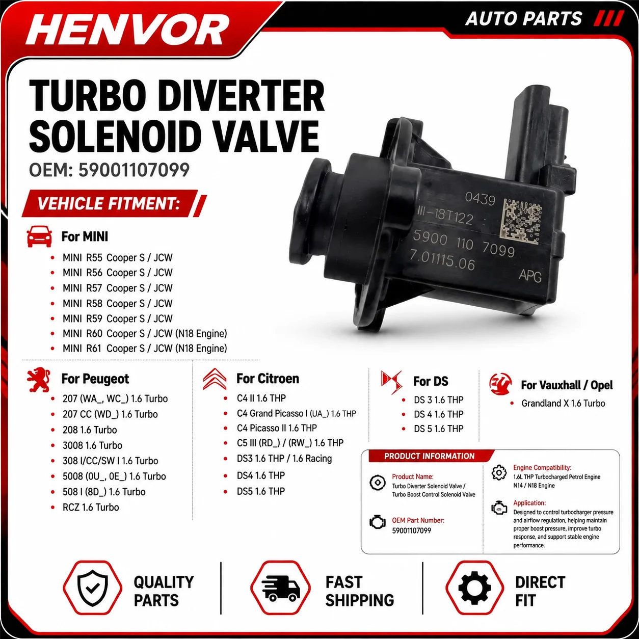 Turbo Diverter Solenoid Valve 59001107099 for Mini Cooper S JCW Peugeot Citroen 1.6 THP N14 N18 Engine