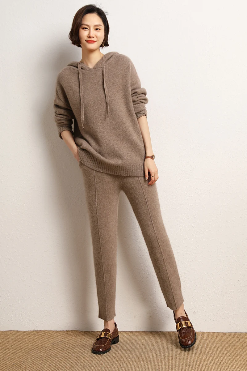 Fashion Suit Autumn Winter 100% Cashmere Knitted High Quality Sweater Women Tops And Harem Pants Two-Piece Female Girl Clothes