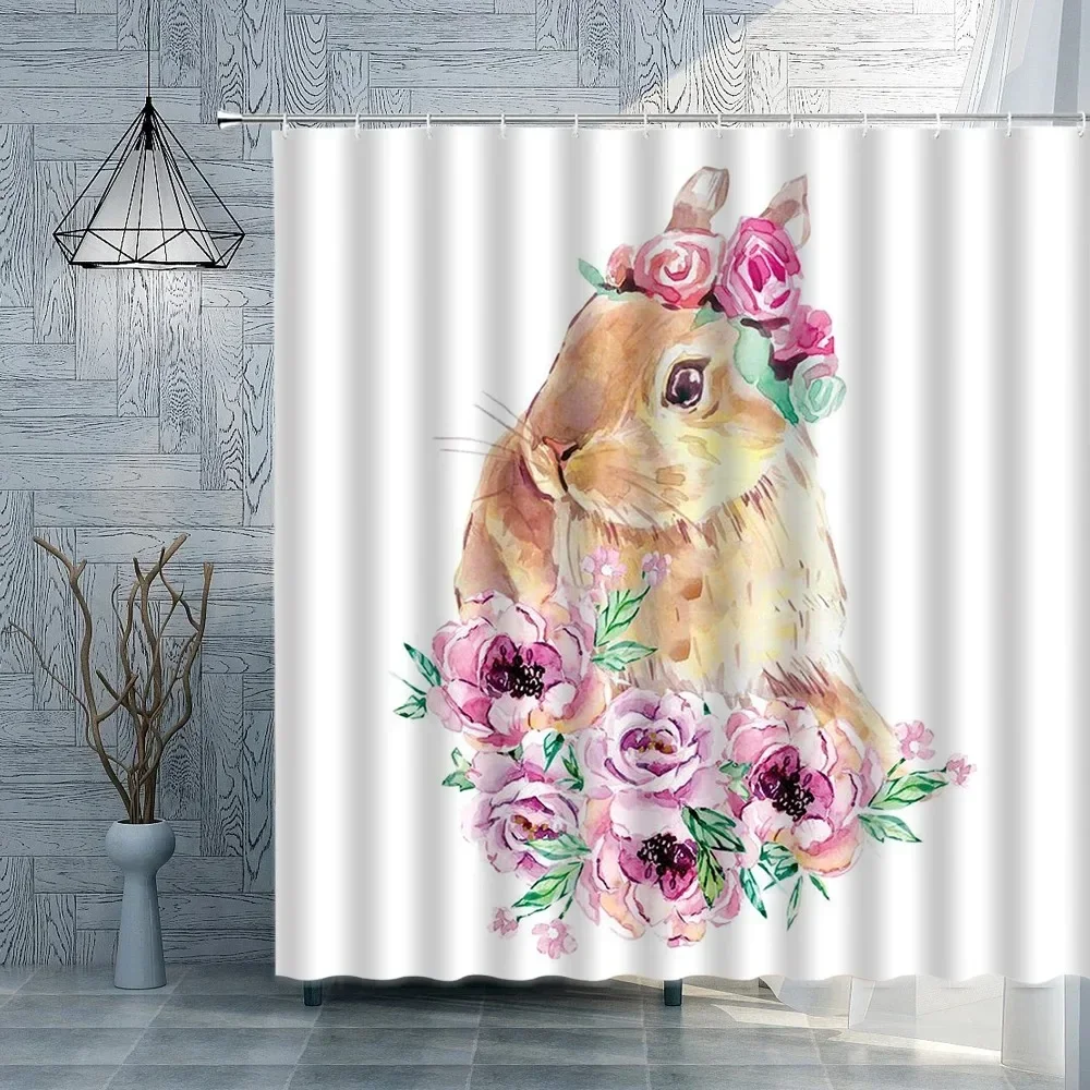 Happy Spring Easter Wreath Shower Curtain Watercolor Rabbit Bunny Flower Black and White Stripes Background Bath  Hook