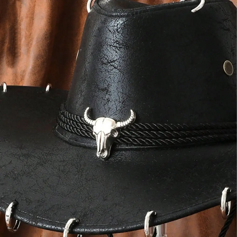 Shadow Hat Wide Brim Western Cowboy Hat Solid Color Pu Leather Panama Cap Punk Ethnic Style Summer Hat Men