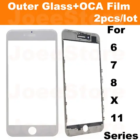 2 peças de vidro frontal externo com moldura para iphone 6 6S 7 8 plus 11 xr x xs max tela painel externo de vidro + moldura + filme oca