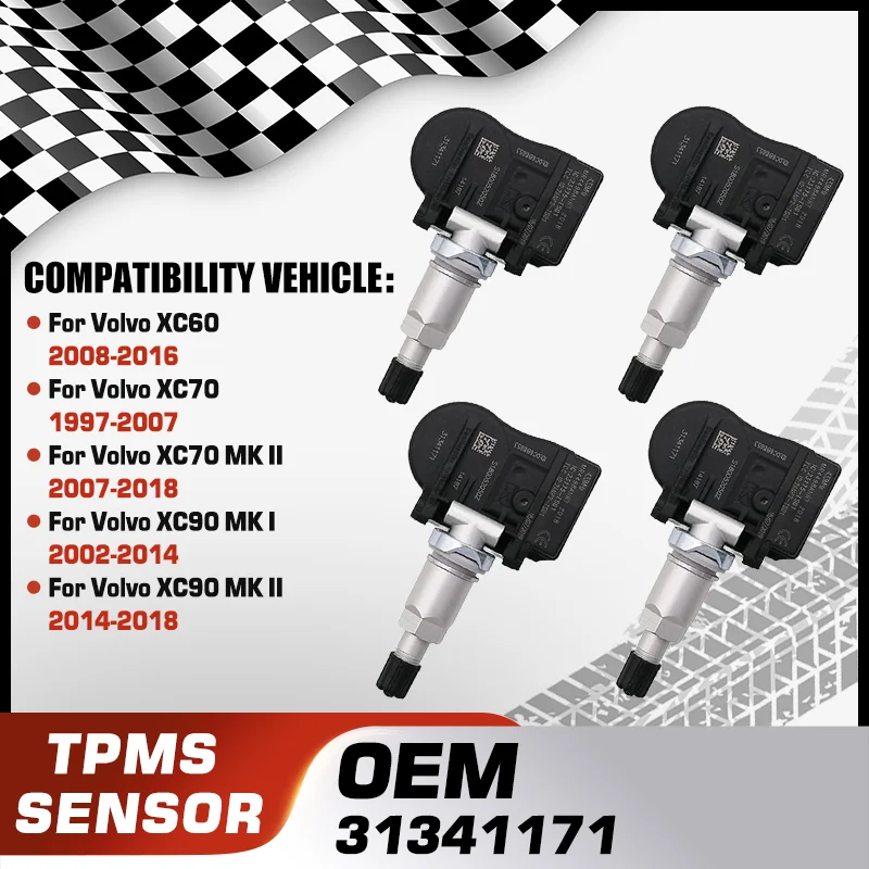 

1/4Pcs Car Tire Pressure Monitor Sensor TPMS For Volvo XC60 2008-2016 Volvo XC70 1997-2018 Volvo XC90 2002-2018 31341171 433 MHz