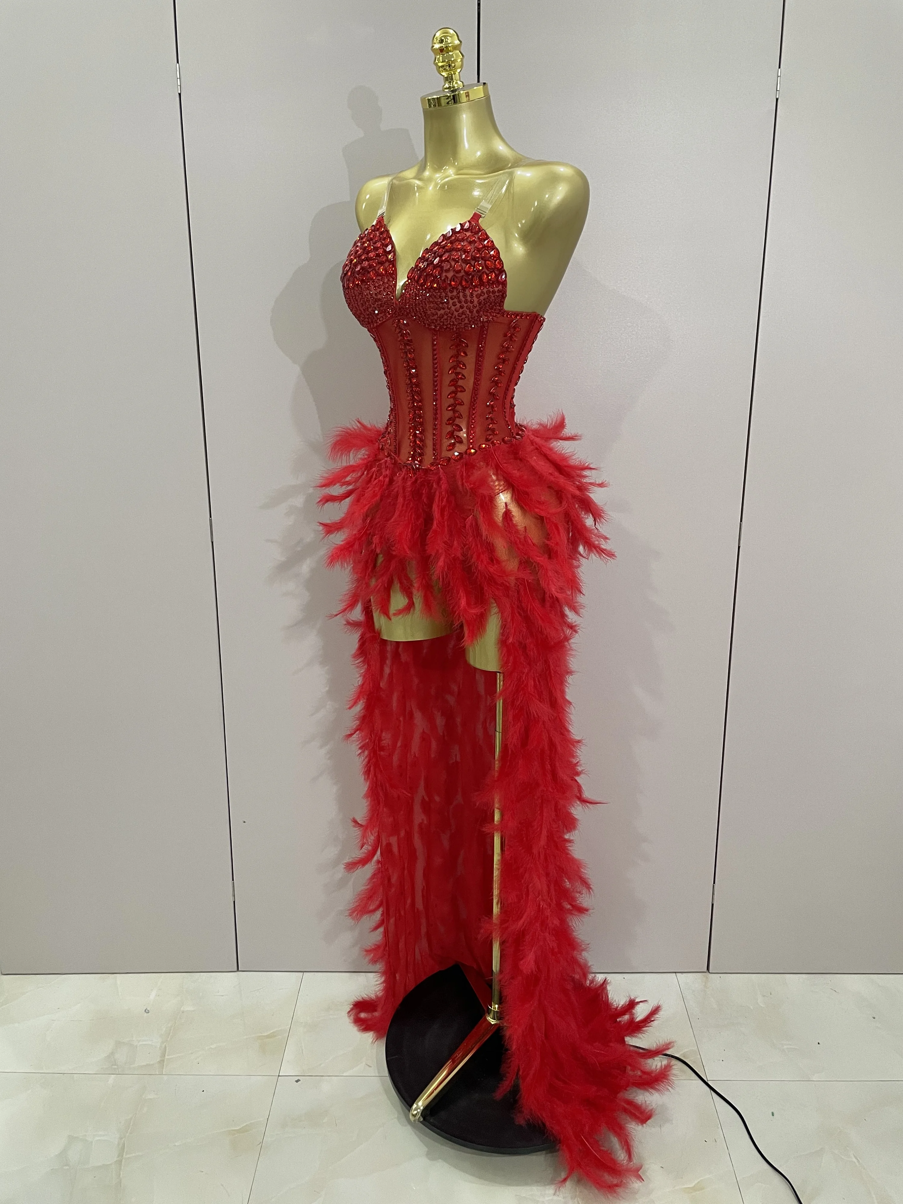 Luxury Sparkly Rhinestones Feathers Long Tail Dress Sexy Mesh Transparent Stage Bodysuit Evening Party Celebrate Birthday Dress