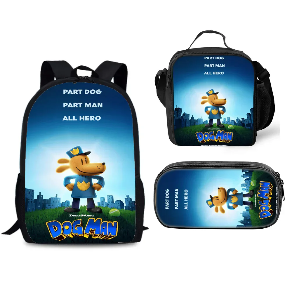 Cartoon Dog Man Backpack Schoolbag Lunch Bag Pencil Case Set for Kids Students