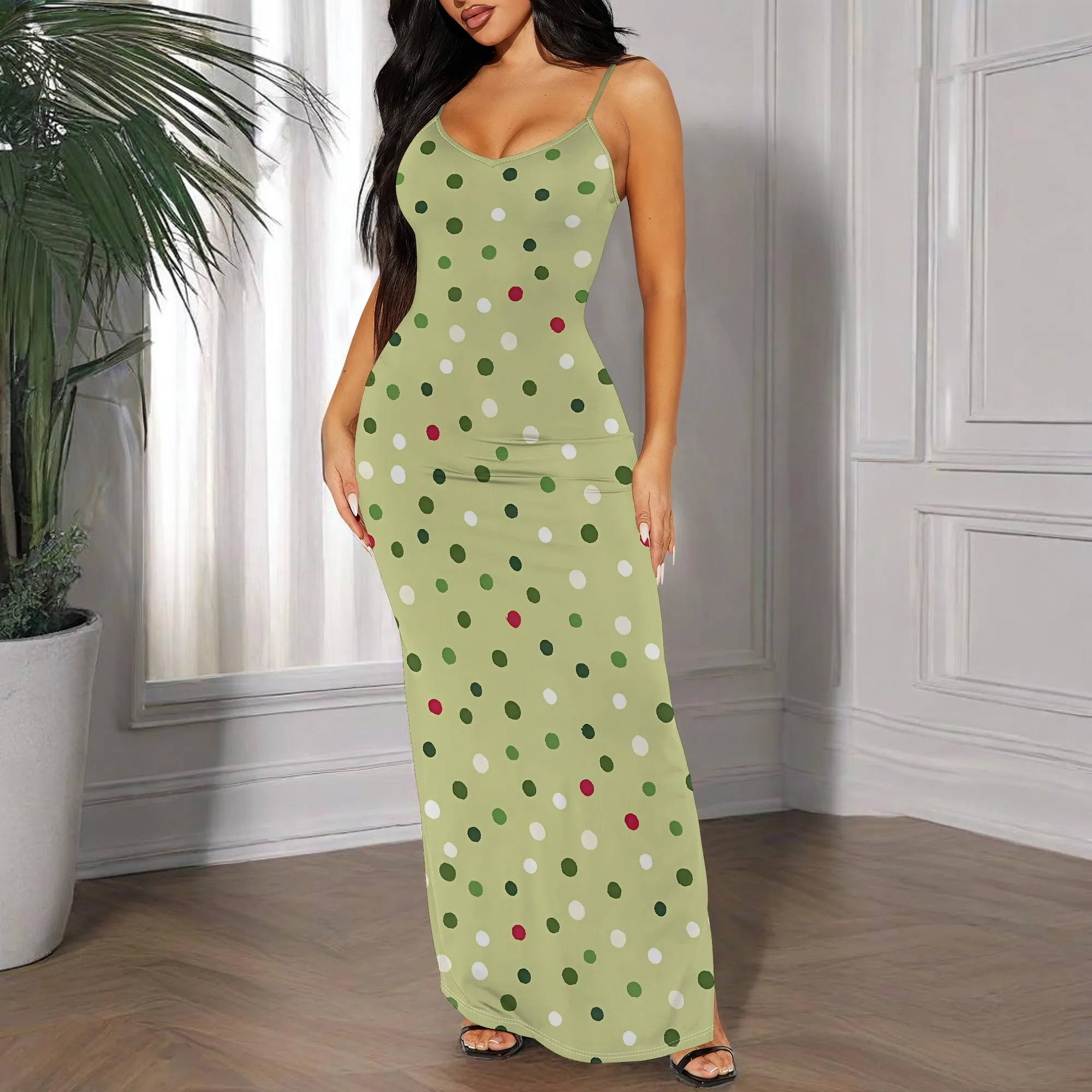 

Nupusa Polka Dot Print Dress for Women Standard Size Summer Casual Spaghetti Strap Maxi Dress