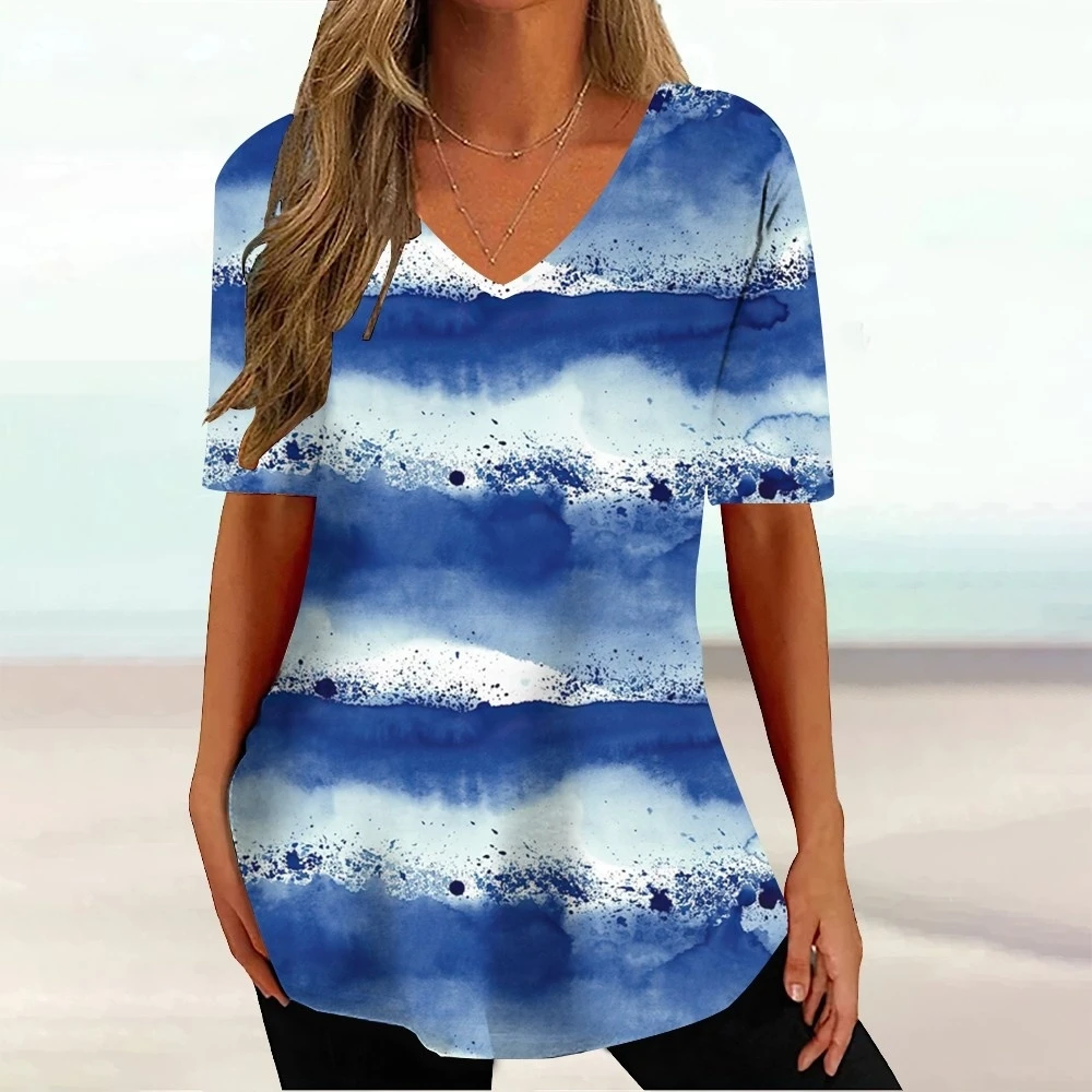

Casual Stripe Graphic Women's Short Sleeve T-Shirt Tees for Ladies V-Neck Loose Blouse Summer Vintage Print Clothing Tops