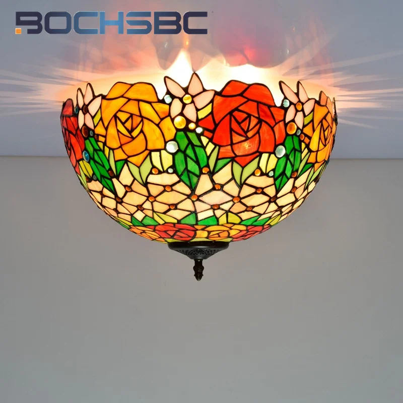 BOCHSBC Tiffany Vintage style 16 inch stained glass gorgeous rose chandelier deco the dining room bedroom hallway ceiling light